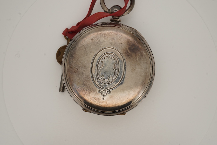 A Victorian silver open faced key wind pocket watch, by Charles Calow of Rochdale, with Roman dial and subsidiary seconds, the signed movement numbered 30716, with key. Condition - fair